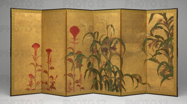 Maize and Cockscombs, mid 17th century. Gold folded tall screen with red flowers, green maize plants.