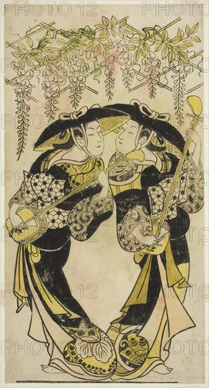 The Actors Sanjo Kantaro (right) and Fujimura Handayu (left) as musicians playing under wisteria, c. 1717/18.