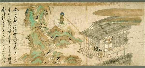 Legends of the Yuzu Nembutsu Sect, 14th century. Long painted scroll, green, brown mountains, wooden house, Amida Buddha on cloud.