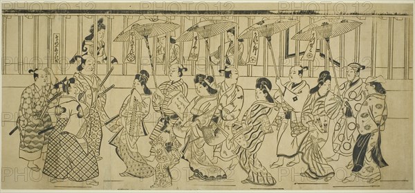 A Parade of Courtesans, c. 1690. This print may depict a scene from a Soga brothers drama. Attributed to Hishikawa Moronobu.