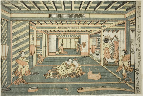 Perspective Picture of a Large Room (Senjojiki uki-e no zu), 1765. Possibly a scene in the pleasure quarters, with a shamisen and koto in the foreground. Attributed to Ishikawa Toyonobu.