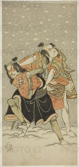 The Actors Otani Hiroji III as Kameo (right), and Sakata Sajuro I as Ario (left), in the Play Hime Komatsu Ne no Hi Asobi, Performed at the Ichimura Theater in the Ninth Month, 1768, c. 1768. Attributed to Katsukawa Shunsho.