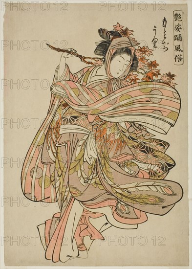 Viewing Maple Leaves (Momijigari), from the series "Dance Customs of Captivating Figures (Adesugata odori fuzoku)", c. 1772/80. Attributed to Kitao Shigemasa.