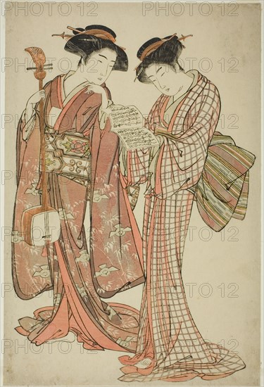 Two Geisha Holding a Shamisen and a Song Book, c. 1777. Attributed to Kitao Shigemasa.