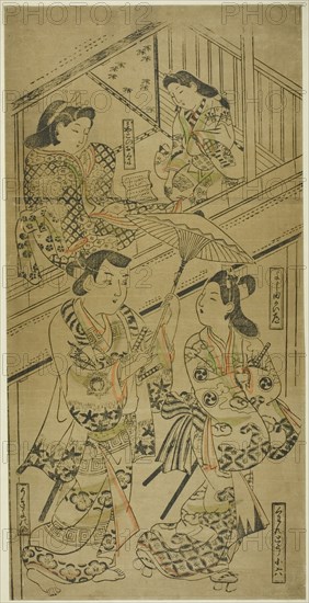 On the Yoshida Highway, c. 1685. An actor playing Miyako no O Kuni sits in an open second-floor room with an attendant. Ukiyo-no-suke, walking below, holds an umbrella over Kanto Koroku. Attributed to Sugimura Jihei.