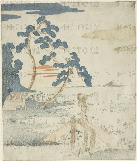 Man Crossing a Bridge as the Sun Rises, from an untitled edition (without poetry) of the illustrations for the series "Five Prints of Mount Fuji (Fuji goban no uchi)", c. 1830. Attributed to Utagawa Kuniyoshi.