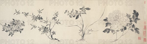 Flowers of the Four Seasons, Ming dynasty (1368-1644), 1599. Horizontal image of four distinct cut or uprooted flowers rendered in fine black ink. The first three feature small leaves and blossoms, the fourth a large central bloom.