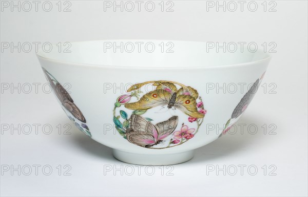 Bowl with Medallionsof Butterflies, Peonies, Chrysanthemums, Peaches, Plums and Orchids, Qing dynasty (1644-1911), spurious reign mark of Yongzheng (1723-1735), overglaze painting perhaps added later.