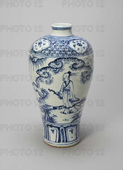 Elongated Bottle-Vase (Meiping) with a Scholar-Gentleman and Attendant, Ming dynasty (1368-1644), 15th century.