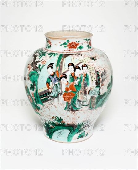 Jar with Figural Scenes and Poem Describing the Osmanthus and Moon, Qing dynasty (1644-1911), Shunzhi period (1644-1661), dated 1646, with later painted decoration.