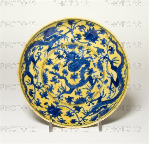 Dish with Dragons and Lotus Flowers, Qing dynasty (1644-1911), Kangxi period (1622-1722).