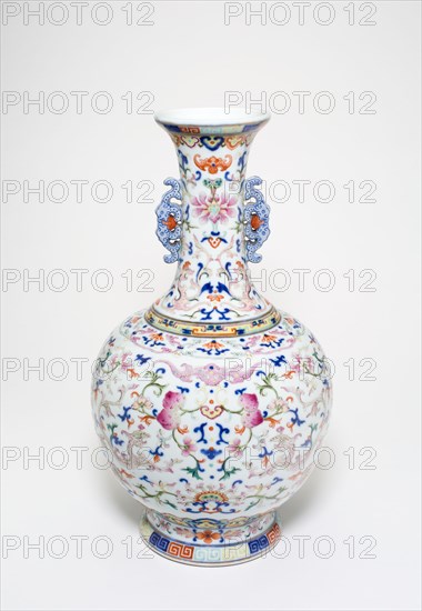 One of a pair of famille-rose 'lotus' bottle vases, Qing dynasty (1644-1911), Qianlong reign mark and period (1736-1795).