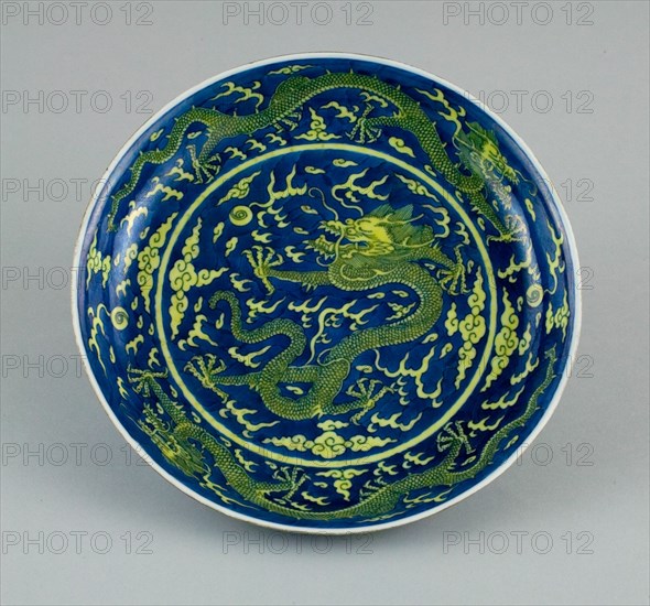 Dish with Dragons amid Clouds, Chasing Flaming Pearls, Qing dynasty (1644-1911), Qianlong reign mark and period (1736-1795).