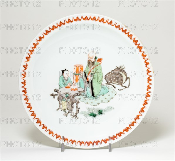 Plate with Shou Lao (the God of Longevity), Attendant, and Deer, Qing dynasty (1644-1911), Kangxi reign mark and period (1662-1722).