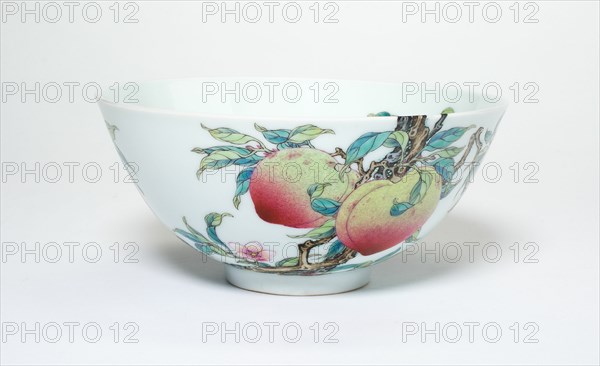 Bowl with Fruiting Peaches, Tree Peony, Flowering Plum, and Bats, Qing dynasty (1644-1911), Yongzheng reign mark and period (1723-1735).