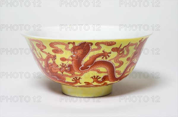 One of a Pair of Yellow and Iron-Red 'Dragon' Bowls, Qing dynasty (1644-1912), Qianlong period (1736-1795).