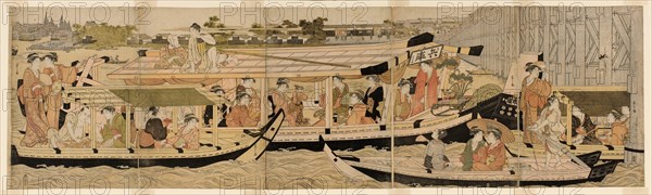 Pleasure Boats on the Sumida River, c. 1792. A man prepares a large fish, passengers enjoy a puppet show, and a woman plays the shamisen.