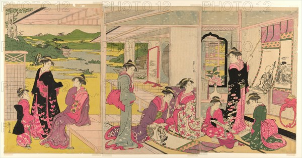 Women Viewing Scroll Paintings of the Gods of Good Fortune, late 18th-early 19th century.