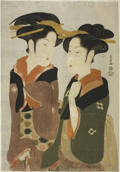 Kan, a waitress of the Izutsuya, and the geisha Fuseya of the Ogiya, c. 1794.