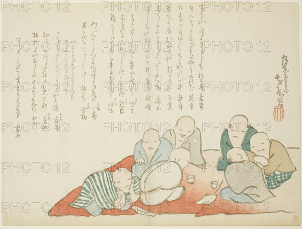 Meeting of a Poetry Club, c. 1860. Poets drinking, conversing, and reading poetry at the home of the artist Fujii Teisa.