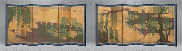 Willow Bridge and Waterwheel, c. 1650. Pair of six-panel folding screens depicting a scene at Uji, an area of great spiritual significance in Japan. The curved bridge, willow trees, waterwheel, trailing mist, and rock-filled baskets are elements from classical poetry.