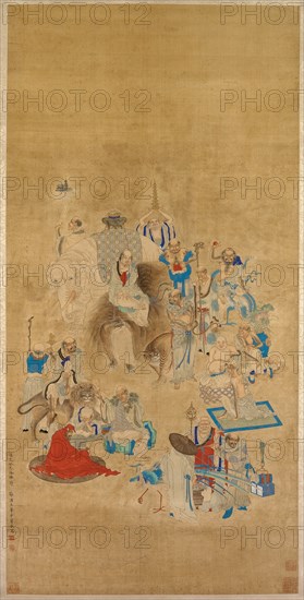Bathing of the Buddha Festival, Qing dynasty, 1833. Annual celebration held to commemorate the birth of the historical Buddha. One disciple opens his stomach to reveal the Buddha nature within, another magically creates a temple in mid-air. Some merely mend clothes or read sutras. Auspicious animals include a lion, elephant, tiger, dragon, and phoenix.