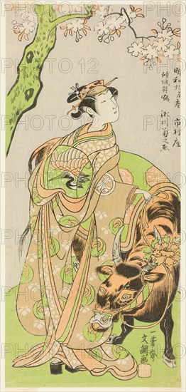 The Actor Segawa Kikunojo II as the Courtesan Maizuru in the Play Furisode Kisaragi Soga (Soga of the Long, Hanging Sleeves in the Second Month), Performed at the Ichimura Theater from the Twentieth Day of the Second Month, 1772, c. 1772.