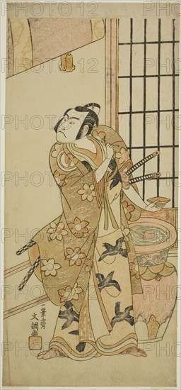 The Actor Sawamura Sojuro II as Kudo Suketsune (?) in the Play Edo no Hana Wakayagi Soga (?), Performed at the Ichimura Theater (?) in the Second Month, 1769 (?), c. 1769.