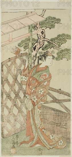 The Actor Yamashita Kinsaku II as Moshio, Wife of Ito Sukekiyo, in the Play Izu-goyomi Shibai no Ganjitsu, Performed at the Morita Theater in the Eleventh Month, 1772, c. 1772.