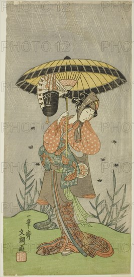 The Actor Yamashita Kinsaku II as Nijo no Kisaki (?) in the Play Natsu Matsuri Naniwa Kagami (?), Performed at the Morita Theater (?) in the Seventh Month, 1770 (?), c. 1770.