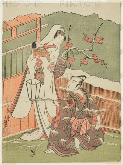 The Actors Arashi Sangoro II as Minamoto no Yoritomo Disguised as the Hat Maker (Ebosi Ori) Daitaro, and Segawa Kikunojo II as the Snow Woman (Yuki Onna), in the Dance Sequence "Oyama Beni Yuki no Sugao" (Courtesan's Rouge on a Snow White Face), from the Final Act of the Play Myotogiku Izu no Kisewata (Cotton Wadding of Izu Protecting the Matrimonial Chrysanthemums), Performed at the Ichimura Theater from the First Day of the Eleventh Month, 1770, c. 1770.