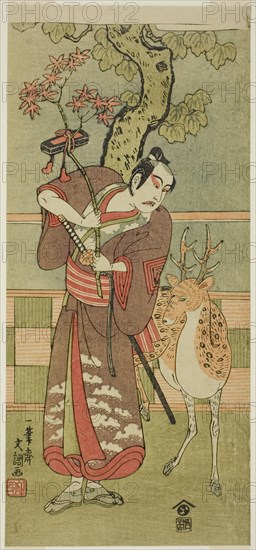 The Actor Ichikawa Yaozo II as Goi no Sho Munesada with a Deer, in the Play Kuni no Hana Ono no Itsumoji (Flower of Japan: Ono no Komachi's Five Characters), Performed at the Nakamura Theater from the First Day of the Eleventh Month, 1771, c. 1771.