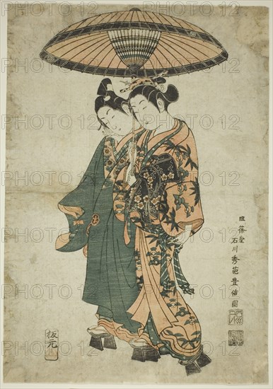 The Actors Sanogawa Ichimatsu I and Segawa Kikunojo I as lovers under an umbrella, c. 1740s.