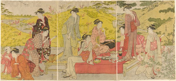 Picnic Party at Hagidera, c. 1785/95. Women and children relax on a day out: trying to catch a cricket to put in a cage; smoking a kiseru, playing the shamisen.