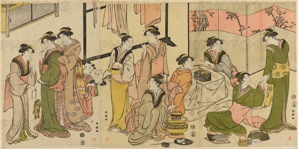 Around the Kotatsu, c. 1789. Two women keep warm at a kotatsu, a low table wrapped in a heavy blanket, with a charcoal brazier underneath. In the centre panel is a hibachi, another traditional Japanese heater, also used for cooking on.