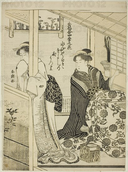 Narcissus in Winter, from the series "Choicest Odes upon Flowers of the Four Seasons (Shuku awase, shiki no hana)", c. 1792. A woman looks out of the window while another keeps warm at a kotatsu, a low table wrapped in a heavy blanket, with a charcoal brazier underneath.