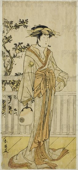 The Actor Iwai Hanshiro IV as Okumi of the Mieido Fan Shop (?) in the Play Sanjuk-koku Yobune no Hajimari (?), Performed at the Ichimura Theater (?) in the Fifth Month, 1789 (?), c. 1789.