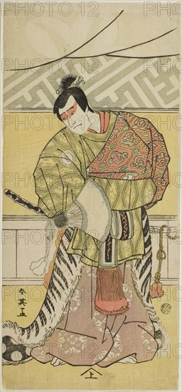 The Actor Sakata Hangoro III as Takechi Mitsuhide in "The Banquet," the Final Act in Part One of the Play Kanagaki Muromachi Bundan (Muromachi Chronicle in Kana Script), Performed at the Ichimura Theater from the First Day of the Eighth Month, 1791, c. 1791.