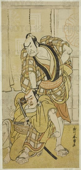 The Actors Nakamura Nakazo I as Tenjiku Tokubei (?) (right) and Bando Kumajuro as the Shopman Dempachi (?) (left), in the Play Keisei Katabira ga Tsuji (?), Performed at the Ichimura Theater (?) in the Eighth Month, 1783 (?), c. 1783.