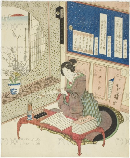 Woman reading poems in a study room, Japan, c. 1833.