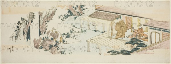 Servant throwing bundles of branches into waterfall, Japan, c. 1810.