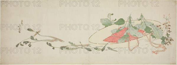 Flowers and spring greens in a hat, Japan, c. 1801.
