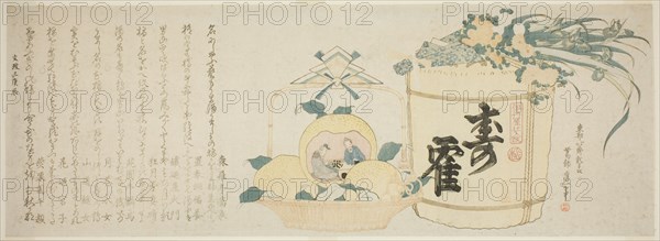 Keg of sake and basket of oranges, Japan, 1820.