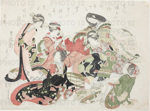 Six women seated around a bird cage, Japan, 1823.