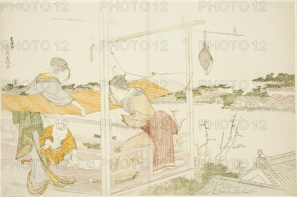 Women on a Veranda Stretching Cloth to Dry, Japan, c. 1799.