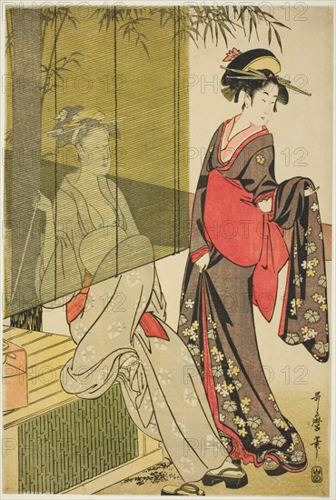 Drying and stretching cloth, Japan, c. 1796/97. [Arai-bari - women stretching silk, left-hand panel of a triptych].