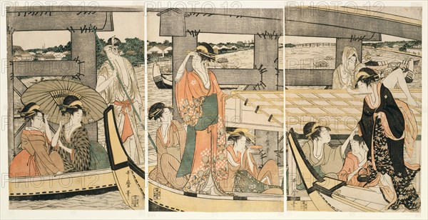 On top and beneath Ryogoku Bridge (Ryogokubashi no ue, shita), Japan, c. 1795/96.