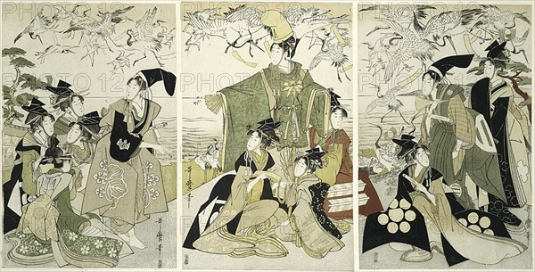 Parody of Minamoto no Yoritomo releasing cranes at Yuigahama, Japan, c. 1805.