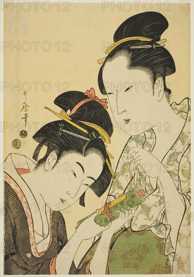 Okita and Ofuji, Japan, c. 1793/94. The once famous but now middle-aged beauty Ofuji, wearing a gingko-patterned robe, hands a scroll to the young waitress Naniwaya Okita. The scene is thought to symbolise the passing of the secrets of beauty and popularity from one generation to the next.
