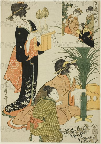 Act IV, from Treasury of the Loyal Retainers, Japan, c. 1801/02. Preparations for a moon-viewing party: pampas grasses and chrysanthemums are being arranged. A woman carries decorated sake bottles which will be presented to the gods. Inset: Kuranosuke, (Lord Asano's chamberlain and leader of the retainers), presents a basket of flowers to Lady Kaoyo in condolence for her husband's ritual suicide.